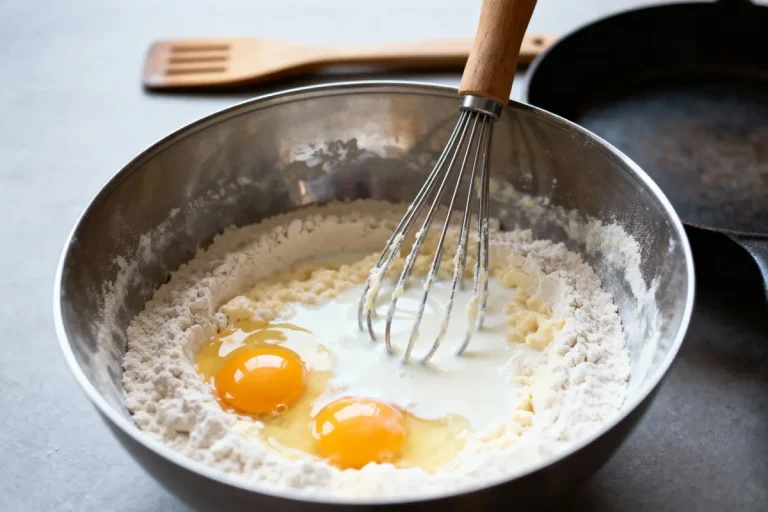 Bol en métal avec farine, œufs et lait, fouet en bois. Spatule en bois et poêle noire en arrière-plan.