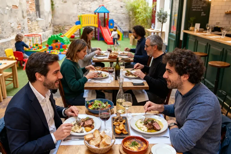 Personnes dînant dans un restaurant avec espace de jeux pour enfants en arrière-plan, ambiance conviviale.