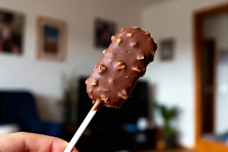 Glace enrobée de chocolat et noisettes, tenue à la main, arrière-plan de salon flou.