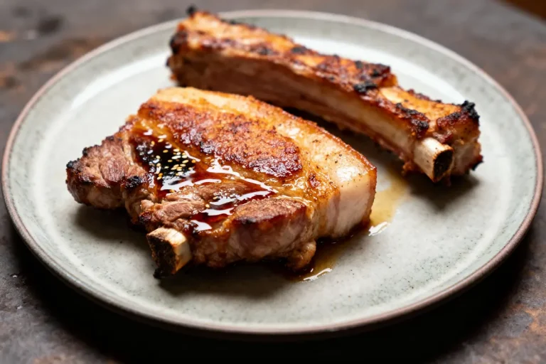 Plat de côtes de porc grillées avec sauce, servi sur une assiette grise.