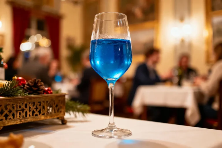 Verre de cocktail bleu sur table dans restaurant élégant, ambiance festive et clients en arrière-plan.