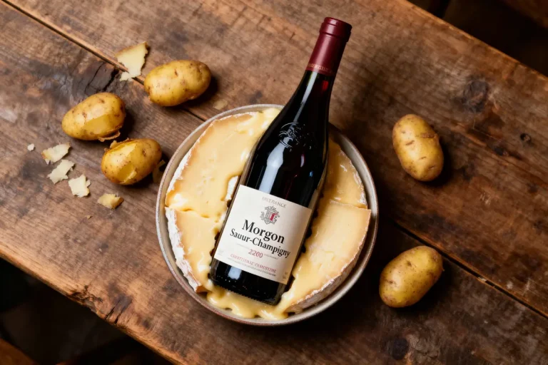 Bouteille de vin rouge sur fromage fondu, pommes de terre autour, sur table en bois rustique.
