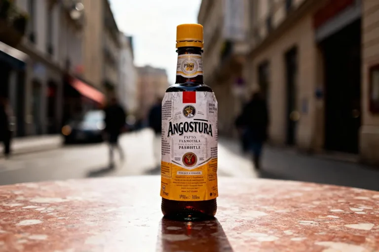 Bouteille d'Angostura sur table extérieure, rue floue en arrière-plan, lumière du jour.
