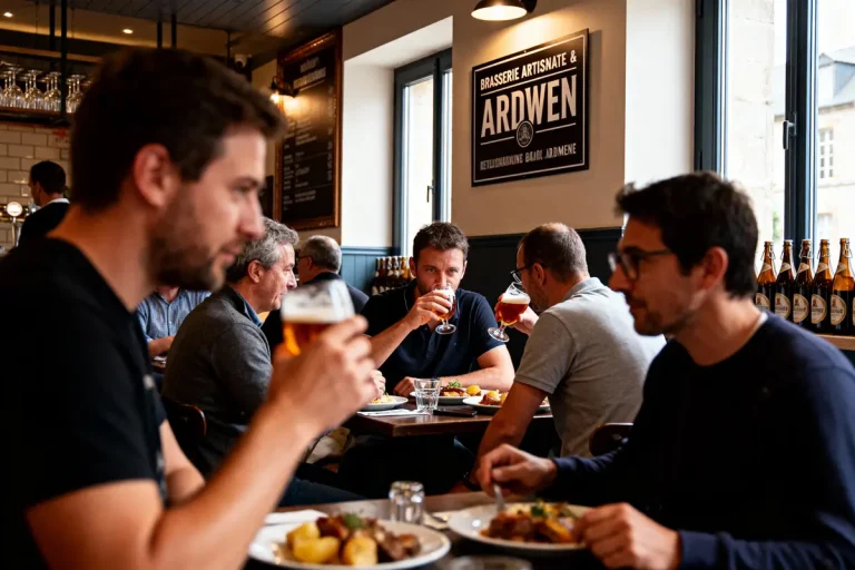 Personnes dégustant de la bière dans un restaurant, assises à une table avec des plats et bouteilles.