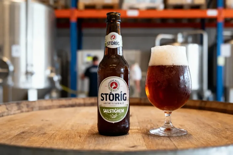 Bouteille de bière Störig et verre plein sur baril en brasserie, arrière-plan industriel flou.
