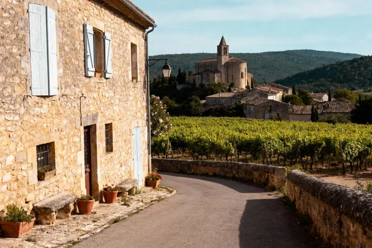 Rue pavée typique, maison en pierre avec volets bleus, vignoble et église sur fond de collines verdoyantes.