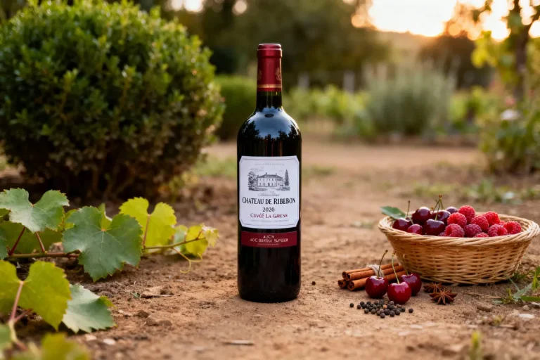 Bouteille de vin rouge avec panier de fruits et épices, vignes en arrière-plan, scène extérieure naturelle.