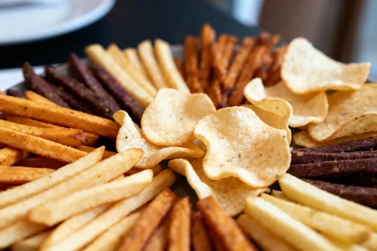 Assortiment coloré de frites et chips disposés en cercle sur une assiette.