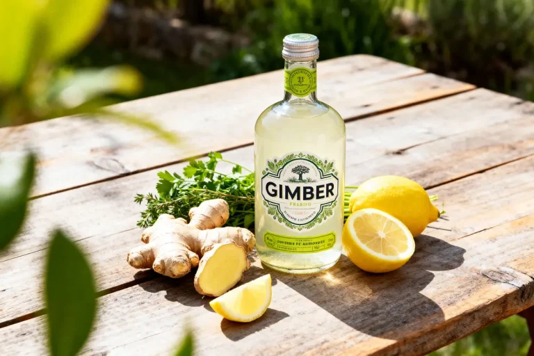 Bouteille de Gimber sur table en bois, entourée de gingembre, citron, persil, en plein air, lumière naturelle.