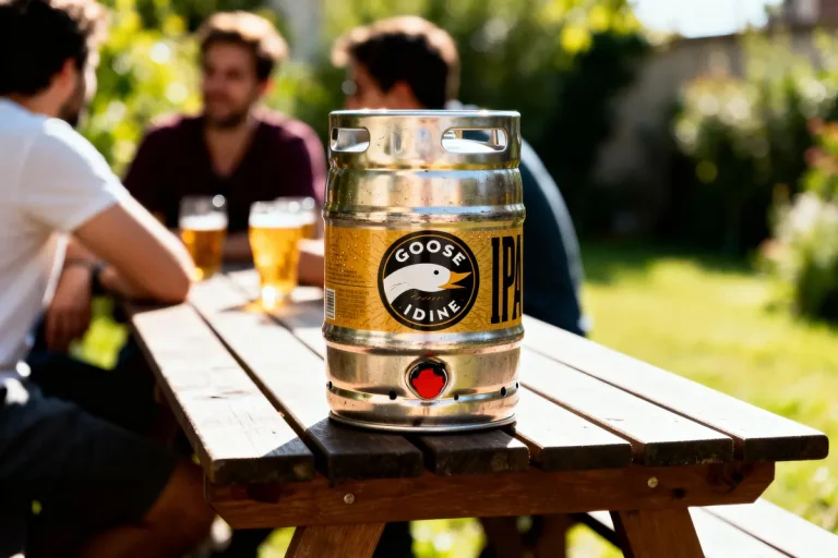 Fût de bière Goose Island IPA sur table, avec personnes discutant en arrière-plan, extérieur ensoleillé.