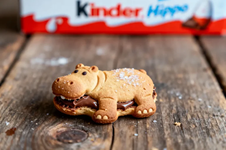 Biscuit en forme d'hippopotame avec garniture chocolatée, sur table en bois, boîte Kinder Hippo en arrière-plan.