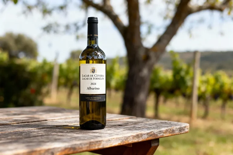 Bouteille de vin Albarino 2024 sur table en bois, vignoble flou en arrière-plan.