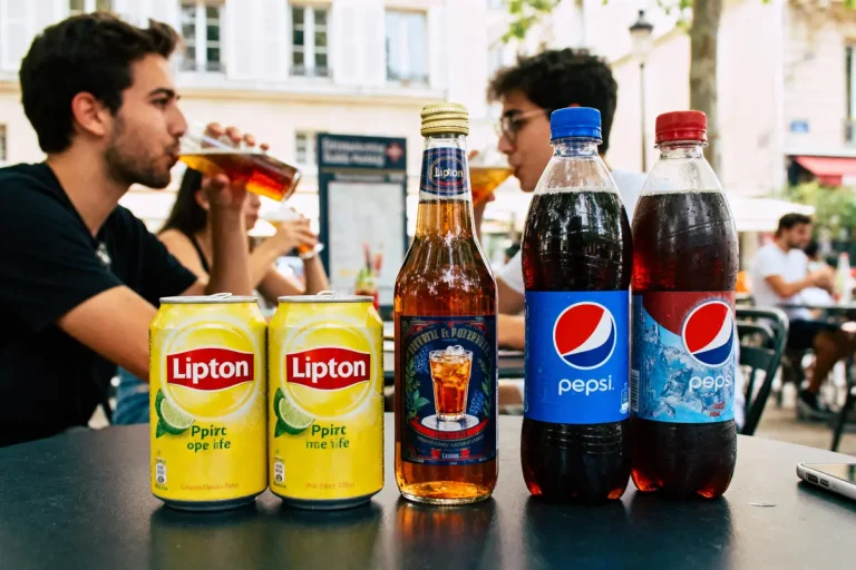 Deux personnes boivent, avec des boissons Lipton et Pepsi sur la table en extérieur.