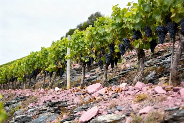 Vignes avec grappes de raisin mûrissant sur terrain rocheux en pente, ciel couvert en arrière-plan.