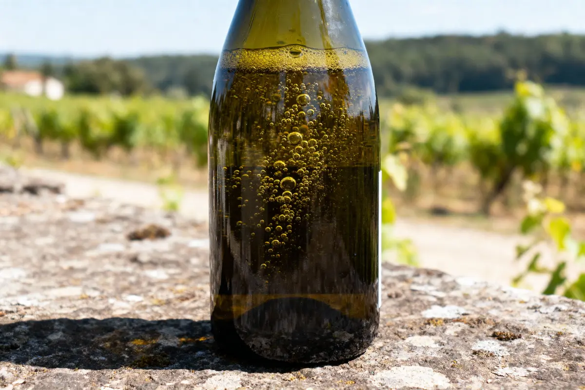 Bouteille de vin mousseux sur un muret en pierre, vignoble flou en arrière-plan, journée ensoleillée.