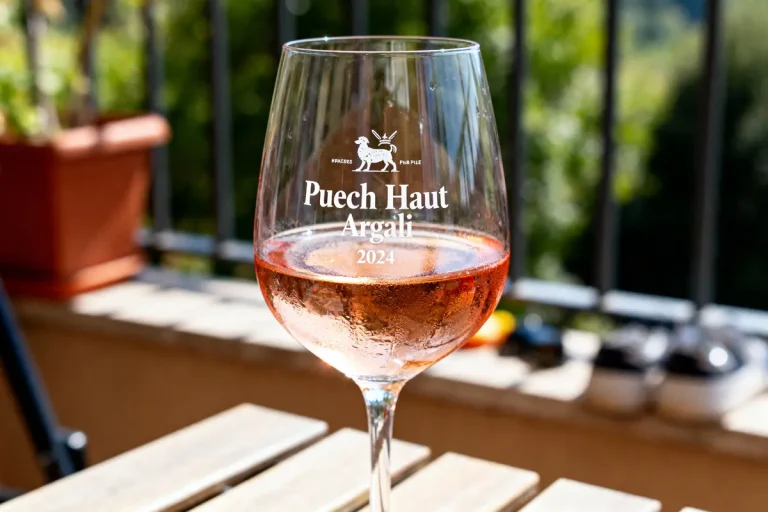 Verre de vin rosé "Puech Haut Argali 2024" sur table extérieure en bois, fond flou naturel.