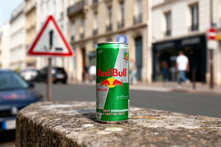 Canette Red Bull sur un muret urbain, fond flou de rue et panneau de signalisation.