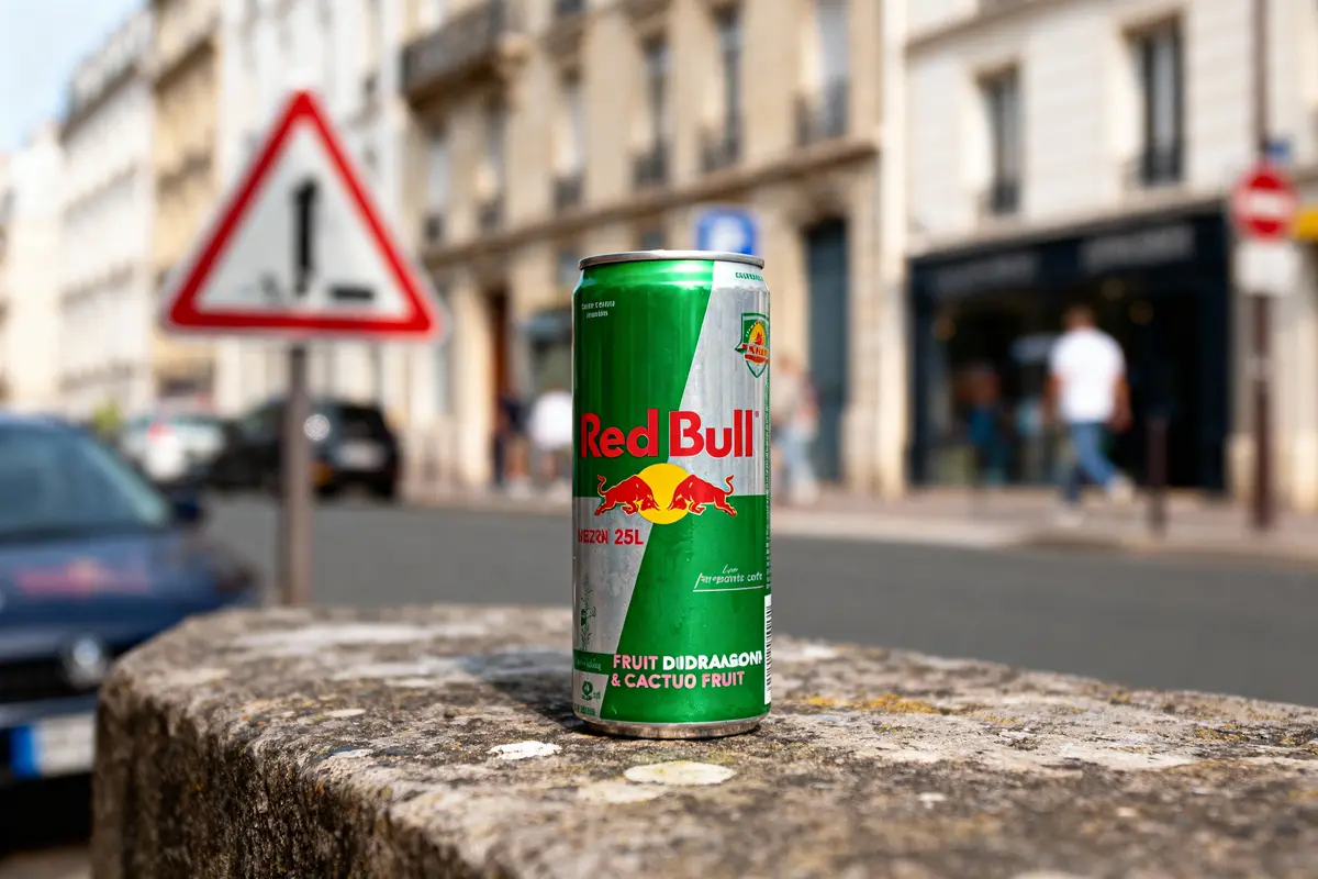 Canette Red Bull sur un muret urbain, fond flou de rue et panneau de signalisation.