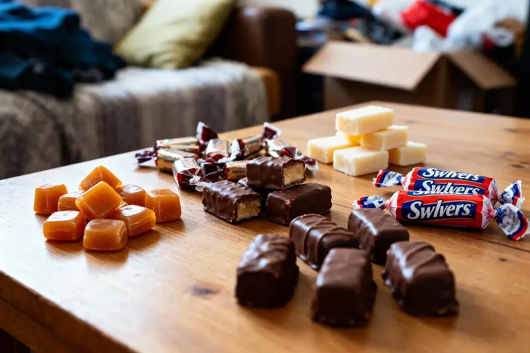 Assortiment de confiseries sur une table en bois: caramels, chocolats, sucreries emballées et cubes blancs.