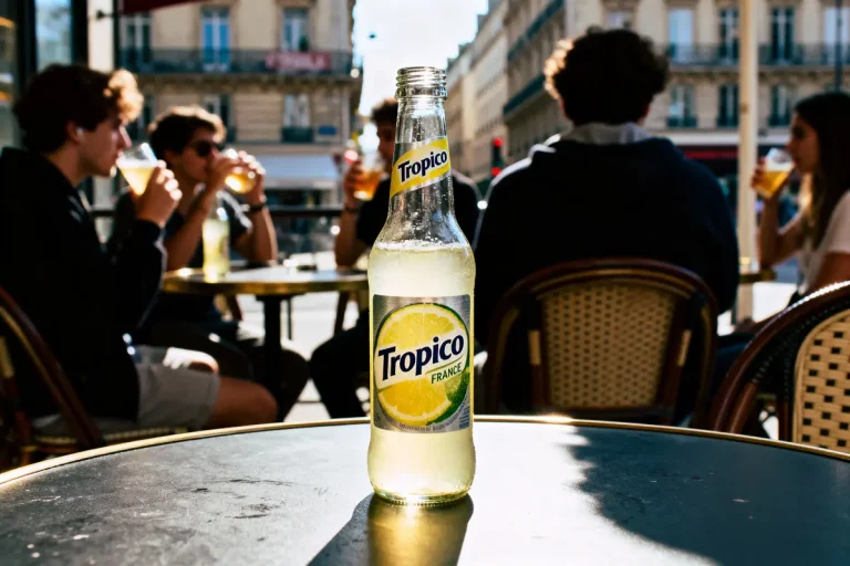 Bouteille de Tropico sur table de café en terrasse, personnes en arrière-plan buvant des boissons.