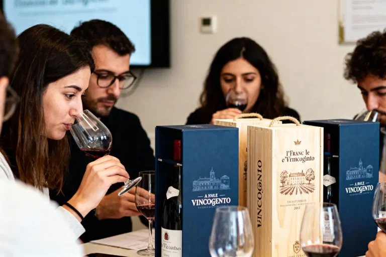 Des personnes dégustent du vin autour d'une table avec des bouteilles et des boîtes de vin.