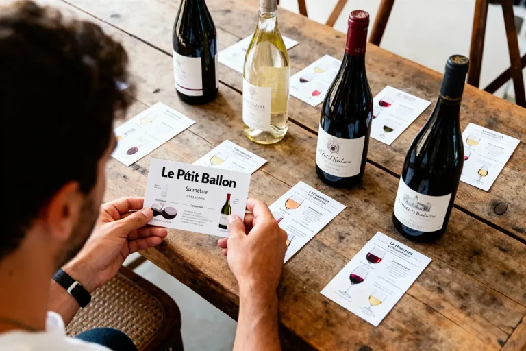 Homme tenant carte "Le Petit Ballon", bouteilles de vin et fiches sur table en bois.