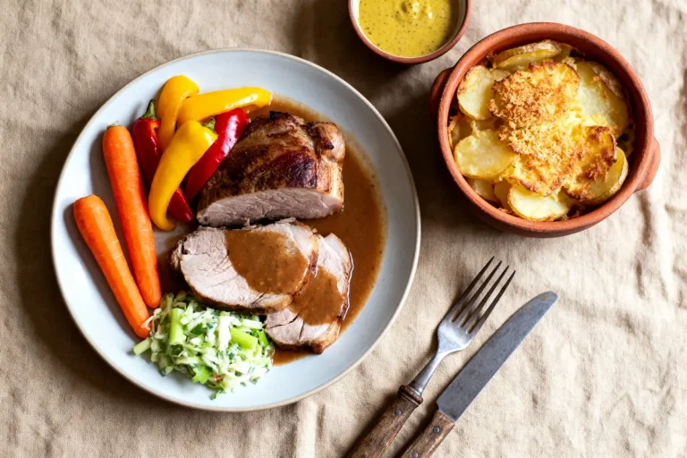Assiette avec rôti, carottes, poivrons, gratin de pommes de terre, choux râpé, et sauce moutarde.