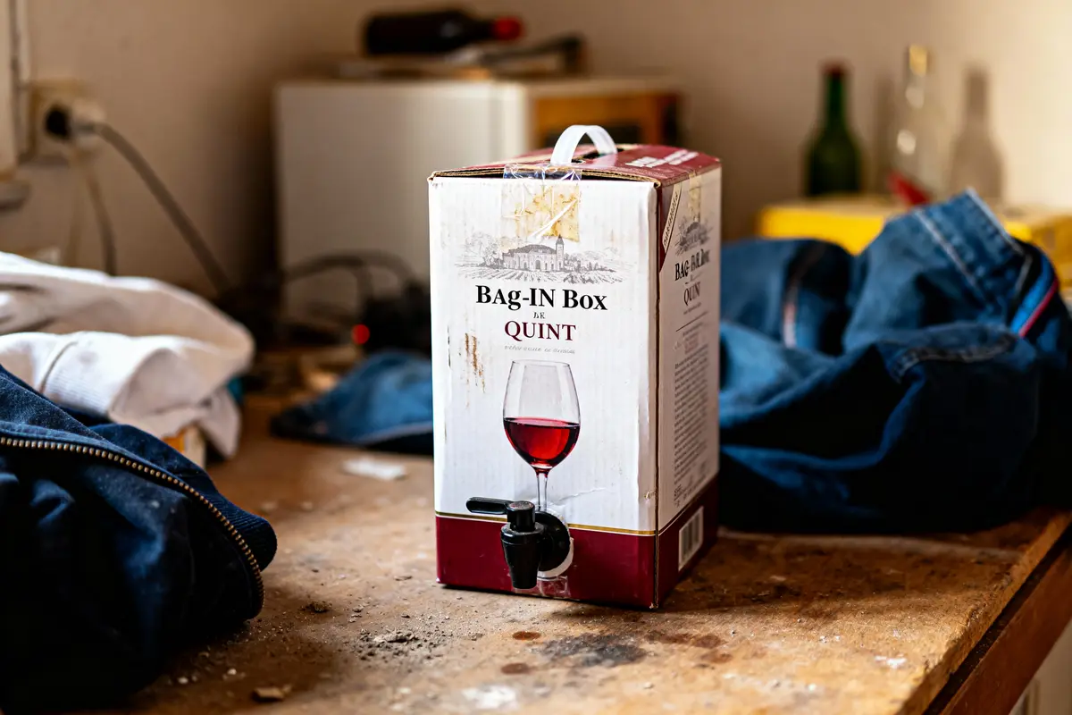 Boîte de vin Bag-In-Box posée sur une table en bois, entourée de vêtements et objets divers.