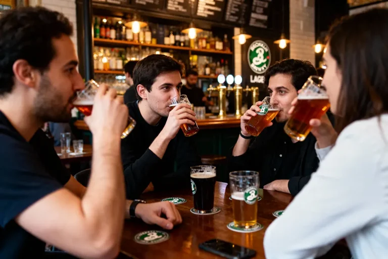Quatre personnes buvant des bières ensemble dans un bar chaleureux, lumière tamisée et décor convivial.