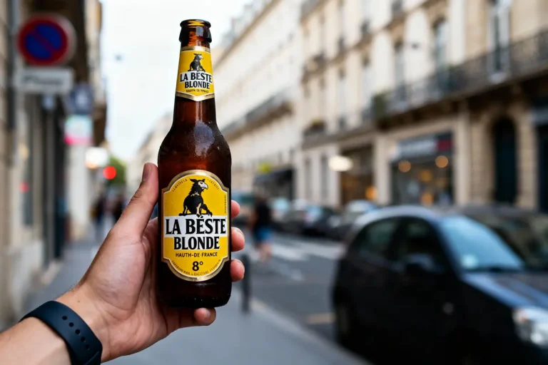 Bouteille de bière "La Bêste Blonde" tenue par une main, rue floue en arrière-plan.