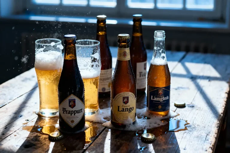 Bouteilles de bière et verres moussants sur table en bois, lumière du jour entrant par la fenêtre.