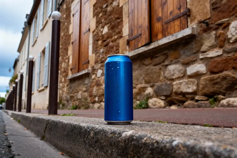 Canette bleue posée sur un trottoir près d'un mur en pierre et de volets en bois fermé.