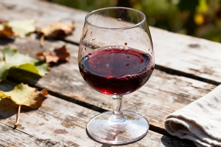 Verre de vin rouge sur table en bois, feuilles mortes autour, en extérieur ensoleillé.