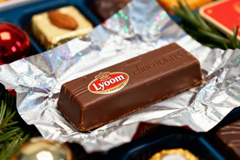 Barre de chocolat Lyoom sur papier aluminium, entourée de chocolats variés et décorations festives.
