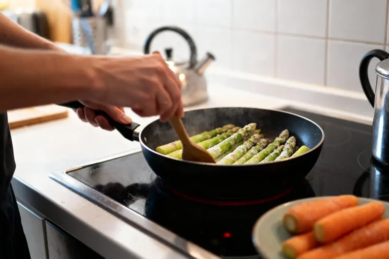 Personne cuisinant des asperges dans une poêle sur une plaque de cuisson, avec des carottes à l'avant-plan.