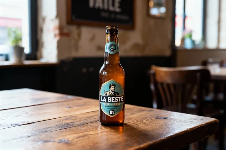 Bouteille de bière "La Beste" sur une table en bois dans un café rustique.