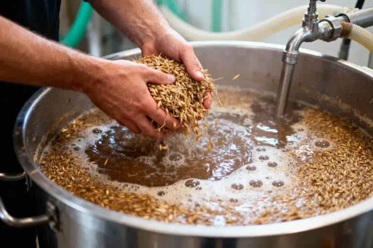 Main tenant des grains dans un récipient en métal rempli de liquide pour brassage de bière.