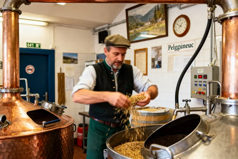 Homme en chapeau travaille avec grains dans une brasserie artisanale, équipements en cuivre visibles. Environnement intérieur.