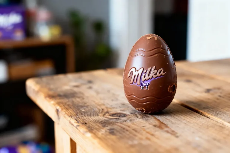 Œuf en chocolat Milka sur une table en bois, arrière-plan flou.