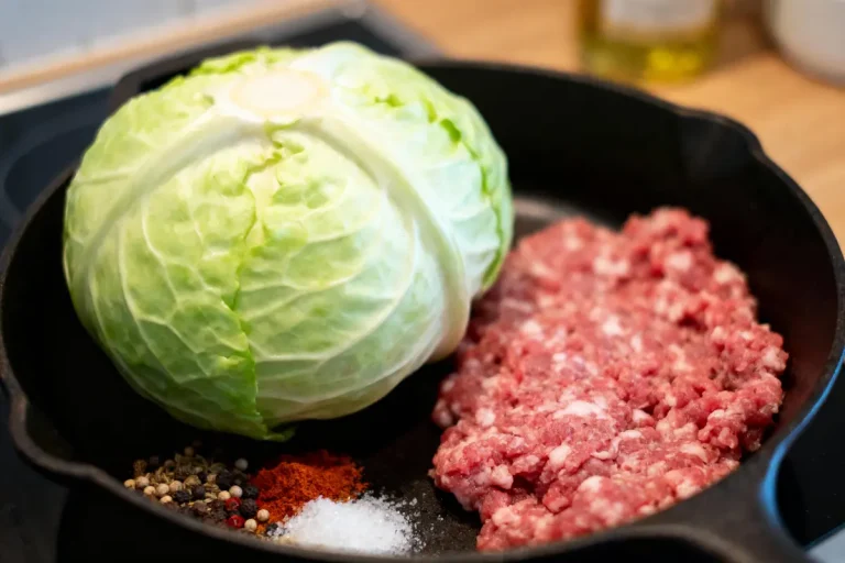 Chou vert, viande hachée, épices et sel dans une poêle en fonte sur un plan de travail.