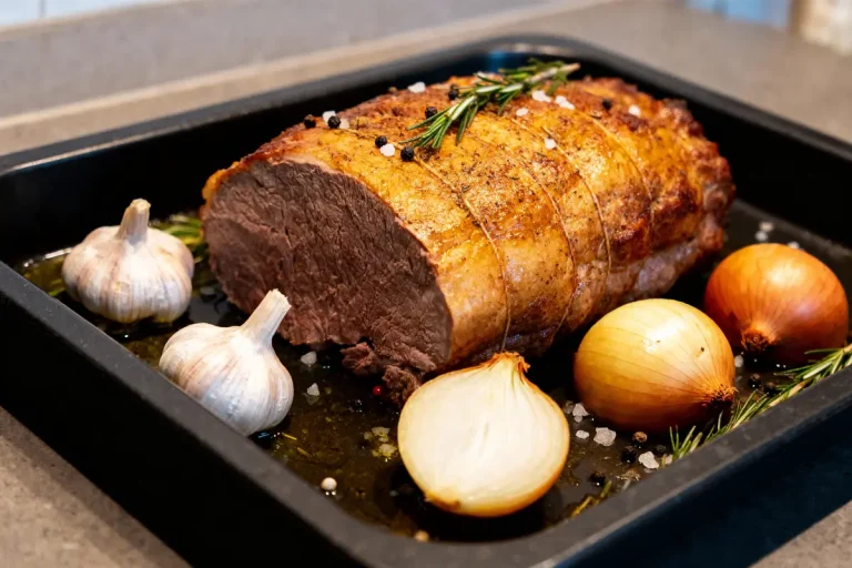 Rôti de bœuf dans un plat, accompagné d'oignons, ail, romarin et épices. Cuisson au four.