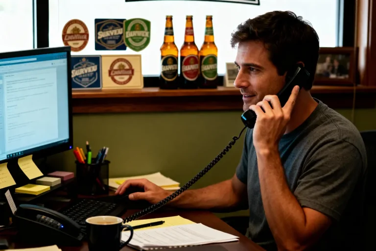 Un homme téléphone au bureau, devant un ordinateur, avec des bouteilles de bière en arrière-plan.
