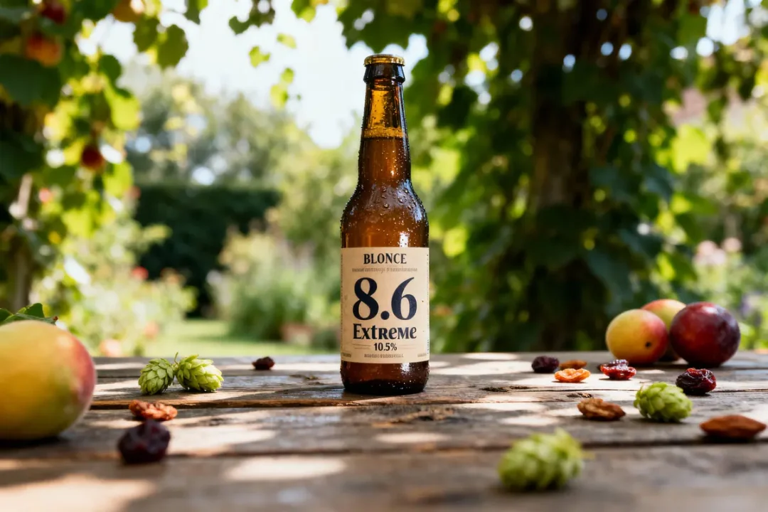 Bouteille de bière 8.6 Extreme sur table en bois, entourée de fruits et houblon, jardin verdoyant en arrière-plan.