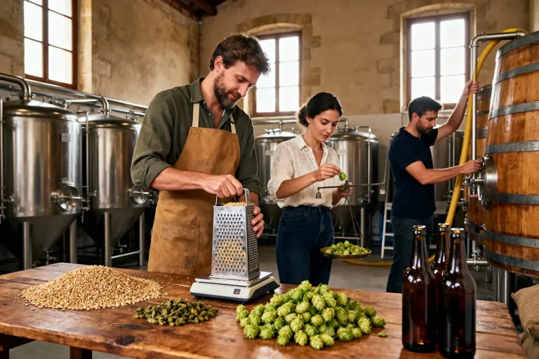 Trois personnes travaillent dans une brasserie artisanale avec des ingrédients : houblon, grains, cuves et bouteilles.