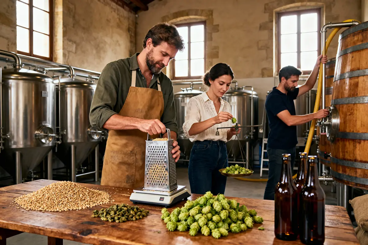 Trois personnes travaillent dans une brasserie artisanale avec des ingrédients : houblon, grains, cuves et bouteilles.