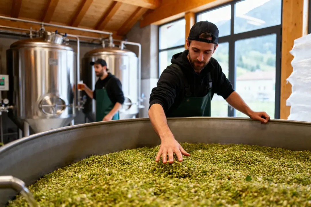Deux hommes travaillent dans une brasserie avec des cuves en acier inoxydable et du houblon.