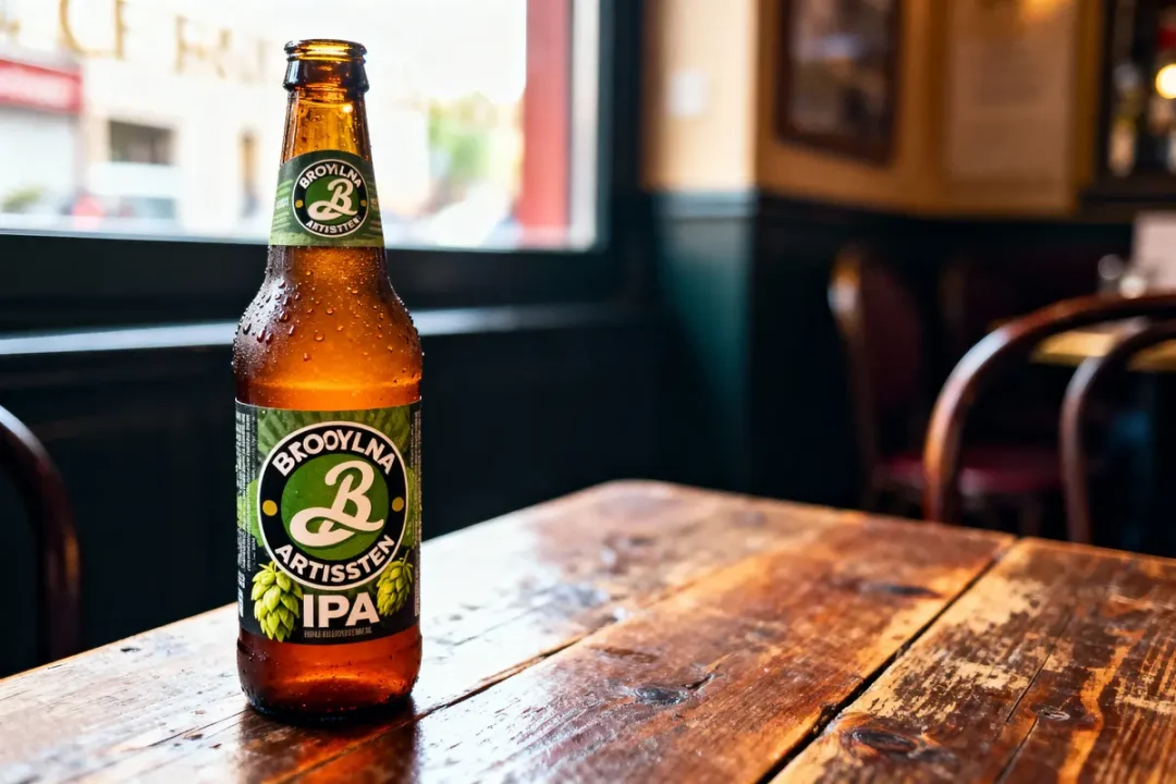 Bouteille de bière Brooyna Artisten IPA sur table en bois dans un bar.