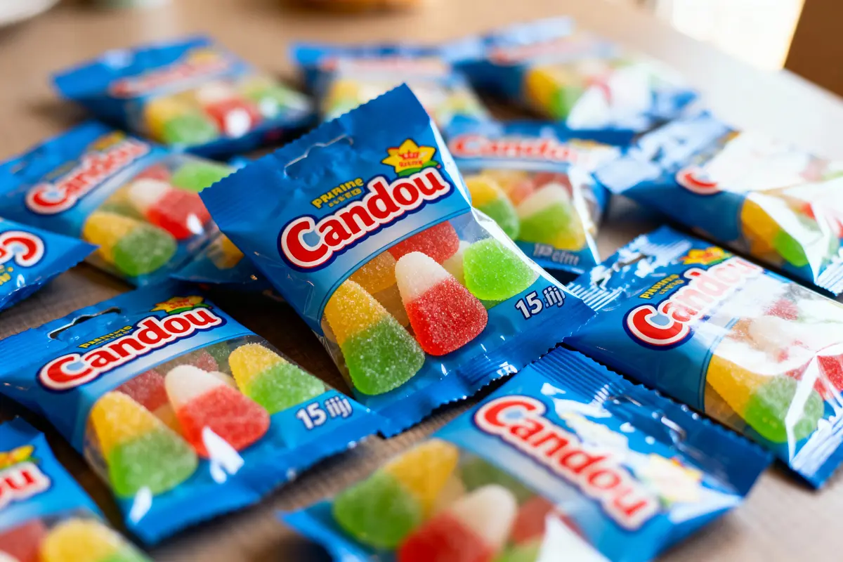 Sachets de bonbons Candou colorés, emballage bleu, posés sur une table en bois, bonbons gélifiés visibles.