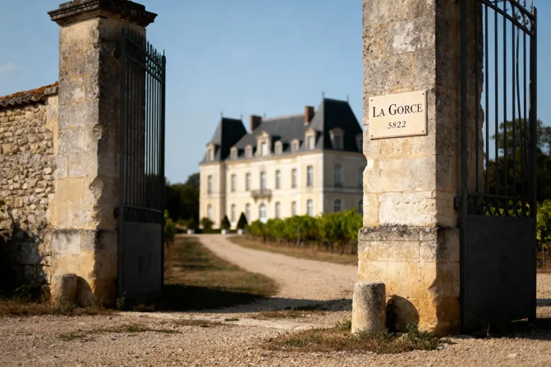 Entrée en pierre avec portail ouverte, chemin menant à un grand château en arrière-plan, ciel bleu.