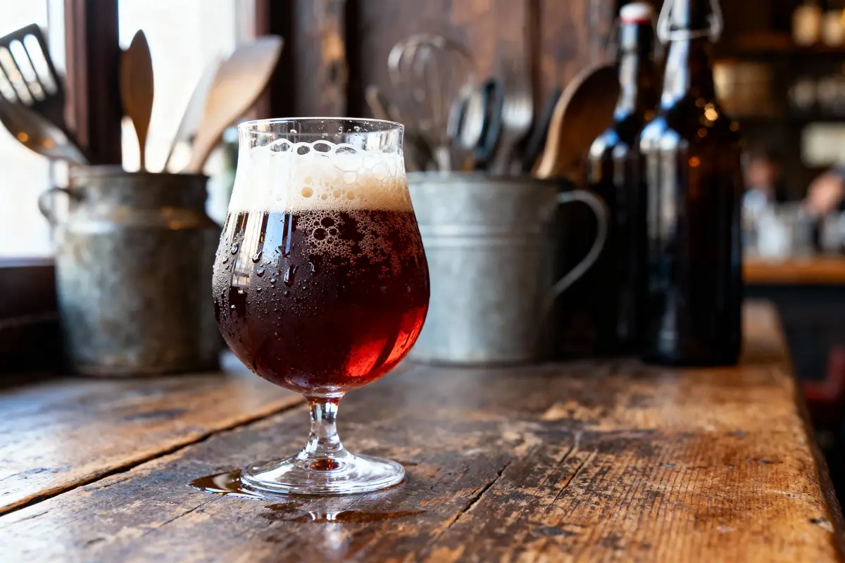 Verre de bière ambrée sur une table en bois, flacons flous en arrière-plan.